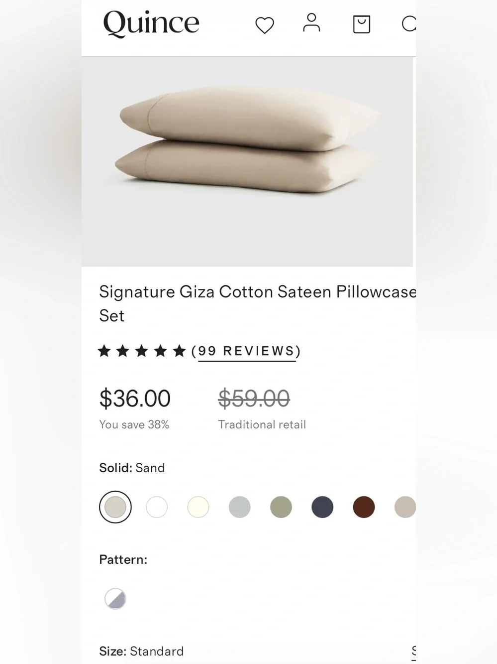 NWOT Quince Signature Giza Cotton Sateen Pillowcase Set, Standard (Sand)